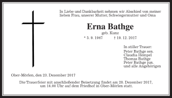 Traueranzeige von Erna Bathge von Wetterauer Zeitung, Wetterauer Zeitung