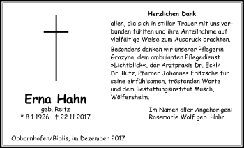 Traueranzeige von Erna Hahn von Licher Wochenblatt, Licher Wochenblatt, Licher Wochenblatt
