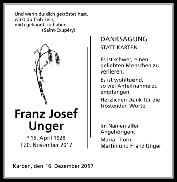 Traueranzeige von Franz Josef Unger von Wetterauer Zeitung