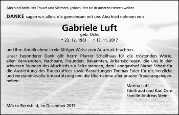 Traueranzeige von Gabriele Luft von Giessener Allgemeine, Alsfelder Allgemeine