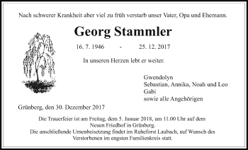 Traueranzeige von Georg Stammler von Giessener Allgemeine, Alsfelder Allgemeine