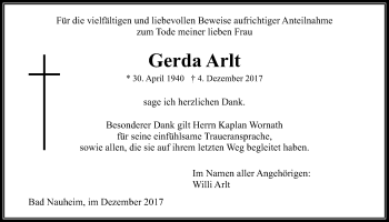 Traueranzeige von Gerda Arlt von Wetterauer Zeitung, Wetterauer Zeitung