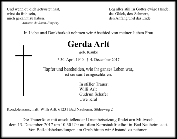 Traueranzeige von Gerda Arlt von Wetterauer Zeitung, Wetterauer Zeitung