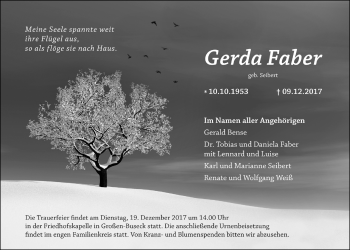 Traueranzeige von Gerda Faber von Giessener Allgemeine, Alsfelder Allgemeine