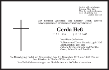 Traueranzeige von Gerda Heß von Wetterauer Zeitung, Wetterauer Zeitung