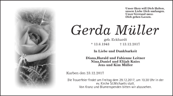 Traueranzeige von Gerda Müller von Wetterauer Zeitung, Wetterauer Zeitung
