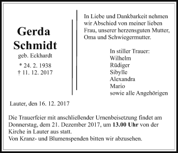 Traueranzeige von Gerda Schmidt von Giessener Allgemeine, Alsfelder Allgemeine