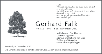 Traueranzeige von Gerhard Falk von Giessener Allgemeine, Alsfelder Allgemeine, Wetterauer Zeitung, Wetterauer Zeitung