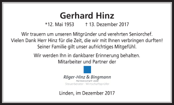 Traueranzeige von Gerhard Hinz von Giessener Allgemeine, Alsfelder Allgemeine