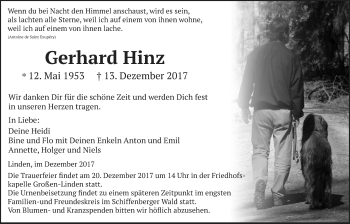 Traueranzeige von Gerhard Hinz von Giessener Allgemeine, Alsfelder Allgemeine