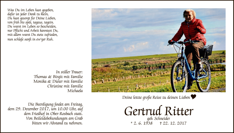  Traueranzeige für Gertrud Ritter vom 27.12.2017 aus Wetterauer Zeitung, Wetterauer Zeitung