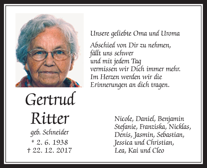  Traueranzeige für Gertrud Ritter vom 27.12.2017 aus Wetterauer Zeitung, Wetterauer Zeitung
