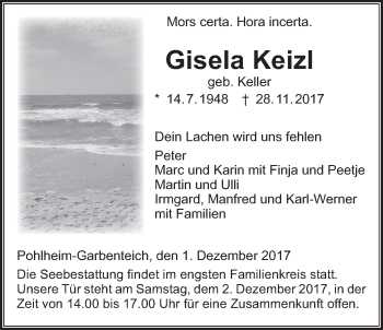 Traueranzeige von Gisela Keizl von Giessener Allgemeine, Alsfelder Allgemeine