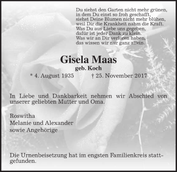 Traueranzeige von Gisela Maas von Wetterauer Zeitung, Wetterauer Zeitung