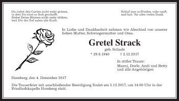 Traueranzeige von Gretel Strack von Alsfelder Allgemeine