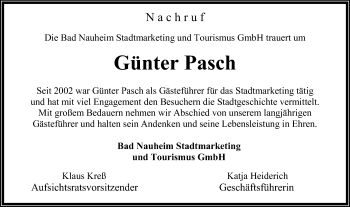 Traueranzeige von Günter Pasch von Wetterauer Zeitung, Wetterauer Zeitung