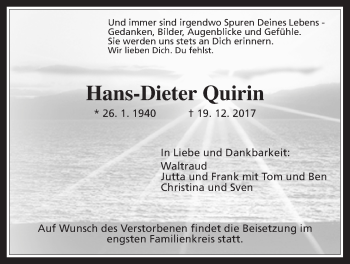 Traueranzeige von Hans-Dieter Quirin von Wetterauer Zeitung, Wetterauer Zeitung