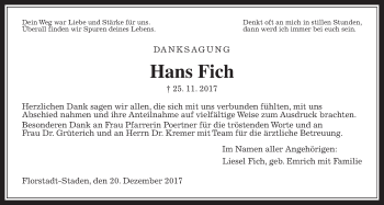 Traueranzeige von Hans Fich von Wetterauer Zeitung, Wetterauer Zeitung
