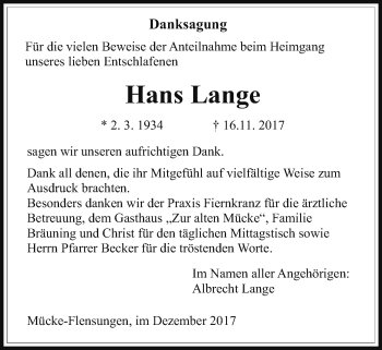 Traueranzeige von Hans Lange von Giessener Allgemeine, Alsfelder Allgemeine
