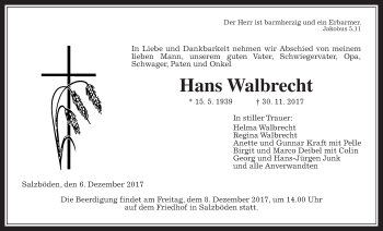 Traueranzeige von Hans Walbrecht von Giessener Allgemeine, Alsfelder Allgemeine