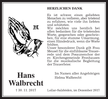 Traueranzeige von Hans Walbrecht von Giessener Allgemeine, Alsfelder Allgemeine