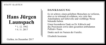 Traueranzeige von Hans Jürgen Launspach von Giessener Allgemeine, Alsfelder Allgemeine