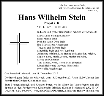 Traueranzeige von Hans Wilhelm Stein von Giessener Allgemeine, Alsfelder Allgemeine