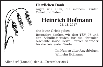 Traueranzeige von Heinrich Hofmann von Allendorfer Mitteilungen