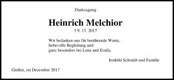 Traueranzeige von Heinrich Melchior von Giessener Allgemeine, Alsfelder Allgemeine
