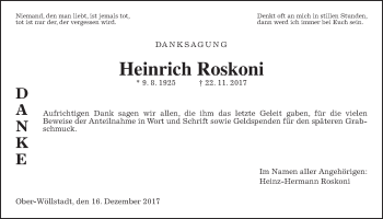 Traueranzeige von Heinrich Roskoni von Wetterauer Zeitung, Wetterauer Zeitung