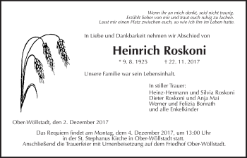 Traueranzeige von Heinrich Roskoni von Wetterauer Zeitung, Wetterauer Zeitung