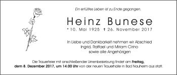Traueranzeige von Heinz Bunese von Wetterauer Zeitung, Wetterauer Zeitung