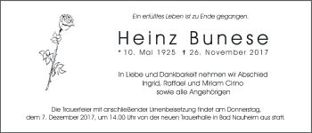 Traueranzeige von Heinz Bunese von Wetterauer Zeitung, Wetterauer Zeitung