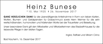 Traueranzeige von Heinz Bunese von Wetterauer Zeitung, Wetterauer Zeitung