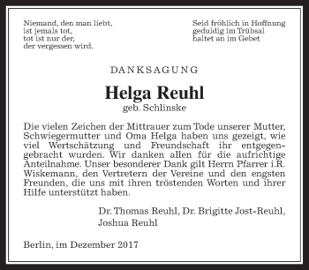 Traueranzeige von Helga Reuhl von Giessener Allgemeine, Alsfelder Allgemeine