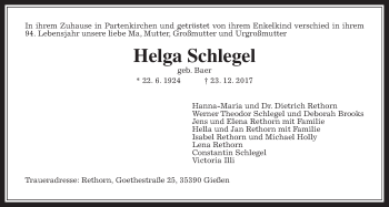 Traueranzeige von Helga Schlegel von Giessener Allgemeine, Alsfelder Allgemeine