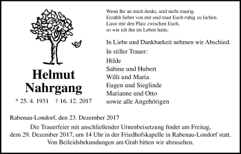 Traueranzeige von Helmut Nahrgang von Giessener Allgemeine, Alsfelder Allgemeine