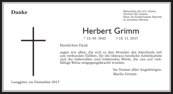 Traueranzeige von Herbert Grimm von Giessener Allgemeine, Alsfelder Allgemeine
