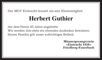 Traueranzeige von Herbert Guthier von Wetterauer Zeitung, Wetterauer Zeitung
