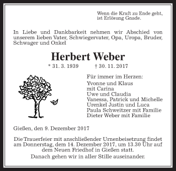 Traueranzeige von Herbert Weber von Giessener Allgemeine, Alsfelder Allgemeine