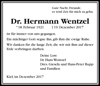 Traueranzeige von Hermann Wentzel von Giessener Allgemeine, Alsfelder Allgemeine