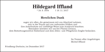 Traueranzeige von Hildegard Iffland von Wetterauer Zeitung, Wetterauer Zeitung