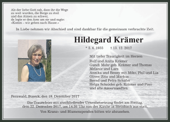 Traueranzeige von Hildegard Krämer von Giessener Allgemeine, Alsfelder Allgemeine