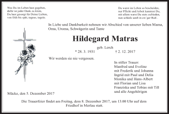 Traueranzeige von Hildegard Matras von Alsfelder Allgemeine