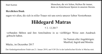 Traueranzeige von Hildegard Matras von Mücker Stimme