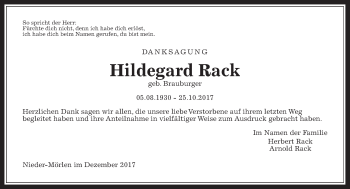 Traueranzeige von Hildegard Rack von Wetterauer Zeitung, Wetterauer Zeitung