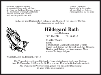 Traueranzeige von Hildegard Roth von Alsfelder Allgemeine