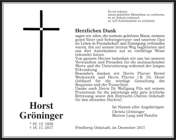 Traueranzeige von Horst Gröninger von Wetterauer Zeitung, Wetterauer Zeitung