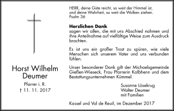 Traueranzeige von Horst Wilhelm Deumer von Giessener Allgemeine, Alsfelder Allgemeine