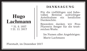 Traueranzeige von Hugo Lachmann von Wetterauer Zeitung, Wetterauer Zeitung